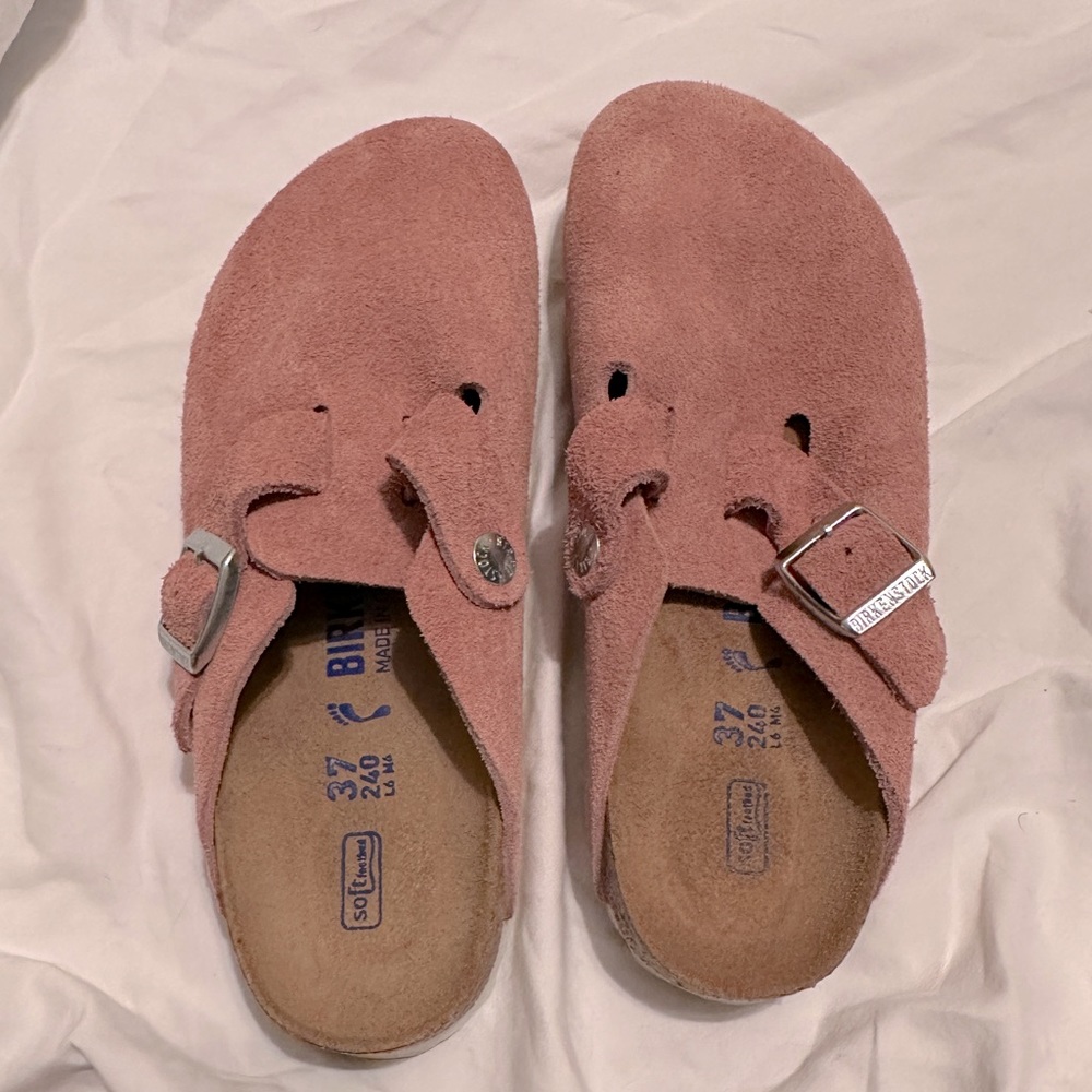 Pink suede Birkenstock boston clogs